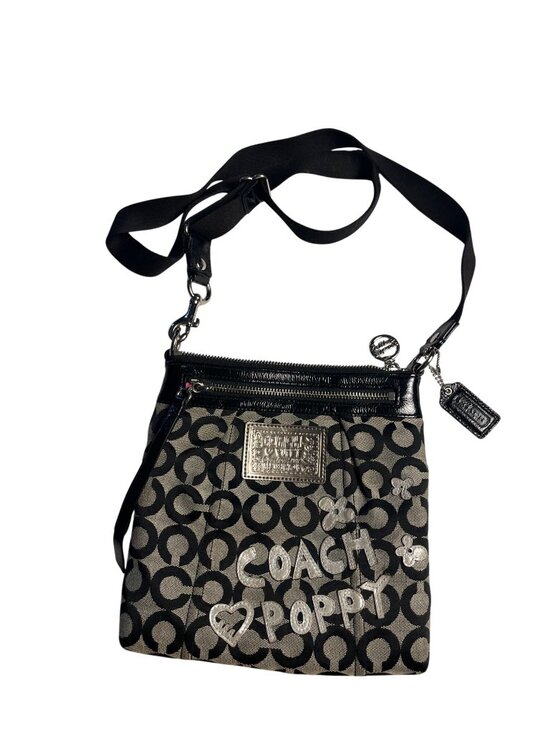 Coach Handbags - Coach Poppy Black & Gray Signature Jacquard Crossbody Bag Silver Appliqué Accent
